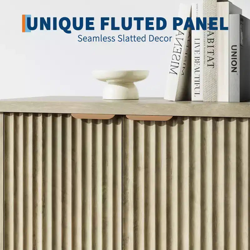 Buffet moderne décoratif avec portes et étagères, adapté aux salons, cuisines, salles à manger et couloirs.