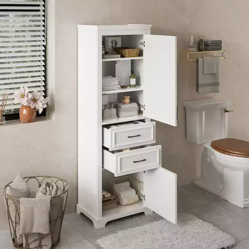 Meuble de rangement de salle de bain autoportant avec tiroir, étagères réglable et fixe, portes à fermeture douce, blanc