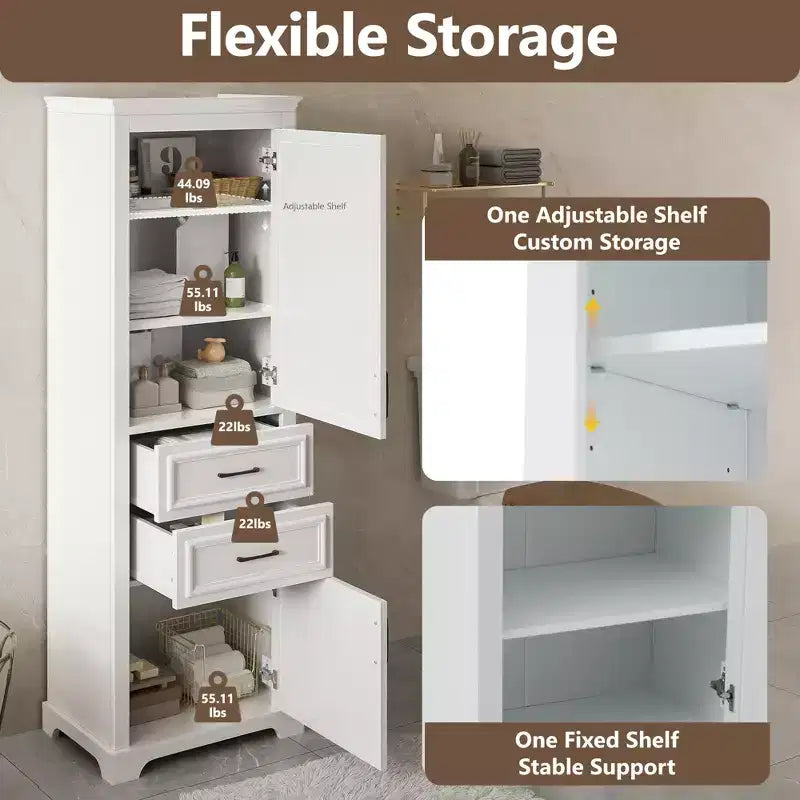 Meuble de rangement de salle de bain autoportant avec tiroir, étagères réglable et fixe, portes à fermeture douce, blanc