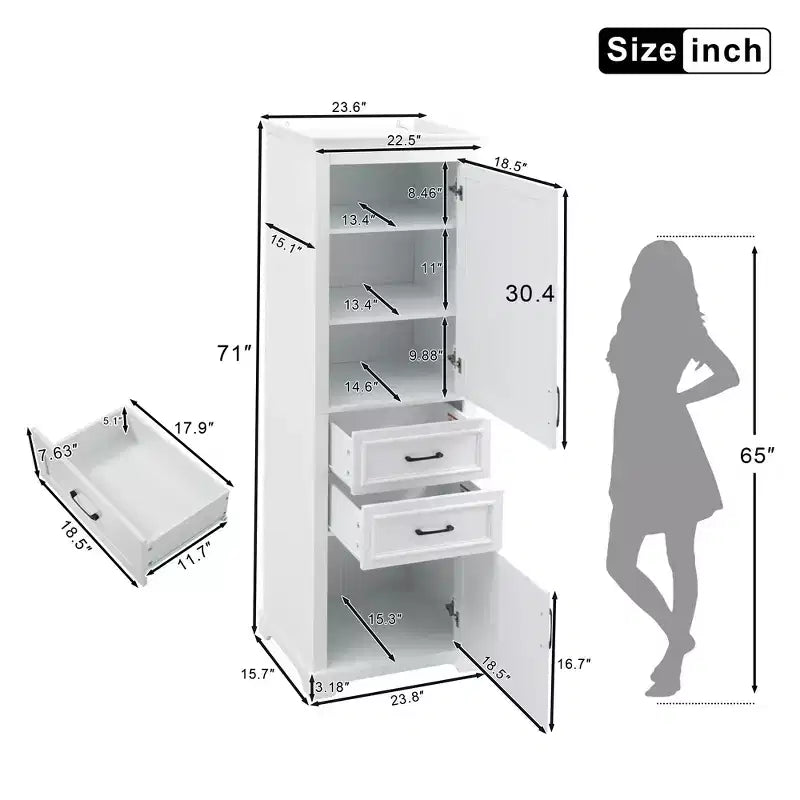 Meuble de rangement de salle de bain autoportant avec tiroir, étagères réglable et fixe, portes à fermeture douce, blanc