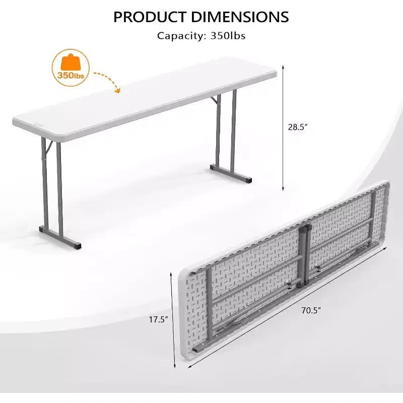Table pliante étroite de 1,8 m, matériau HDPE de qualité supérieure et cadre métallique robuste, parfaite pour les buffets, les séminaires, les fêtes, les formations, le travail à domicile, blanche