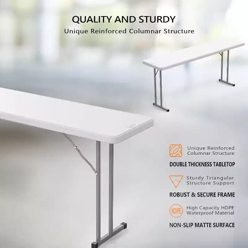 Table pliante étroite de 1,8 m, matériau HDPE de qualité supérieure et cadre métallique robuste, parfaite pour les buffets, les séminaires, les fêtes, les formations, le travail à domicile, blanche