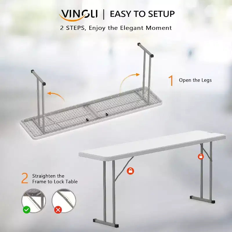 Table pliante étroite de 1,8 m, matériau HDPE de qualité supérieure et cadre métallique robuste, parfaite pour les buffets, les séminaires, les fêtes, les formations, le travail à domicile, blanche