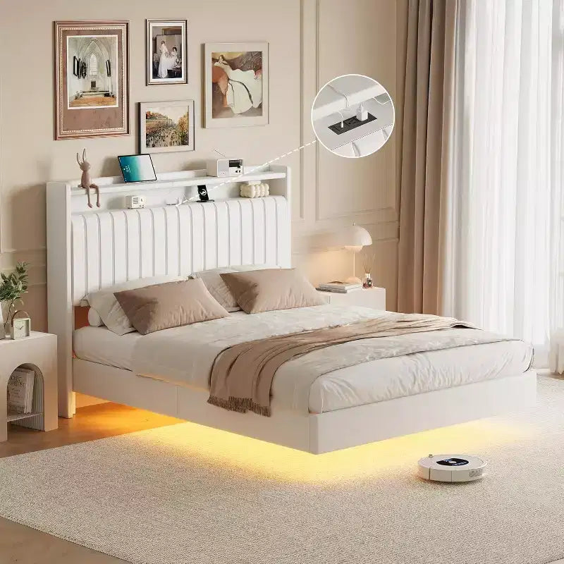 Cadre de lit, cadre de lit flottant, tête de lit haute, revêtement en cuir PU, sommier tapissier, pas de matelas requis, installation facile.