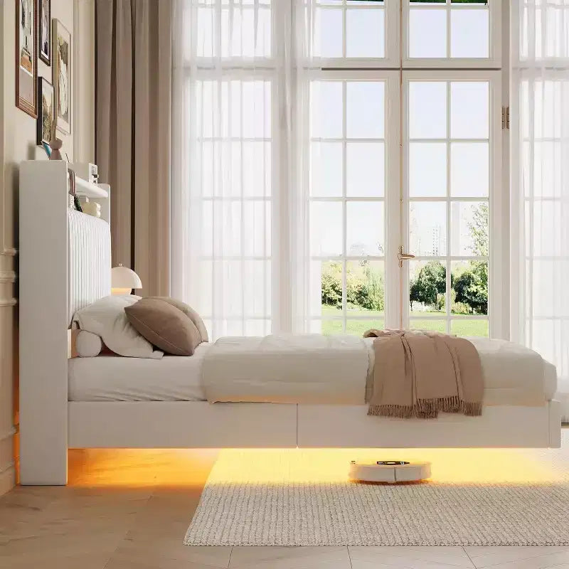 Cadre de lit, cadre de lit flottant, tête de lit haute, revêtement en cuir PU, sommier tapissier, pas de matelas requis, installation facile.