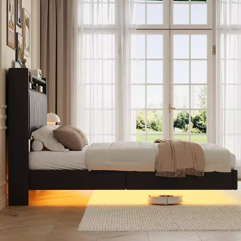 Cadre de lit, cadre de lit flottant, tête de lit haute, revêtement en cuir PU, sommier tapissier, pas de matelas requis, installation facile.