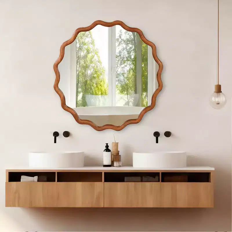 Miroir Mural Rond Ondulé en Bois Massif de Couleur Bois Naturel de 36 po pour Salle de Bain, Miroir Décoratif de Style Ferme en Bois pour la Maison