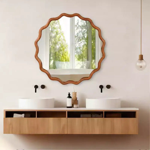 Miroir Mural Rond Ondulé en Bois Massif de Couleur Bois Naturel de 36 po pour Salle de Bain, Miroir Décoratif de Style Ferme en Bois pour la Maison