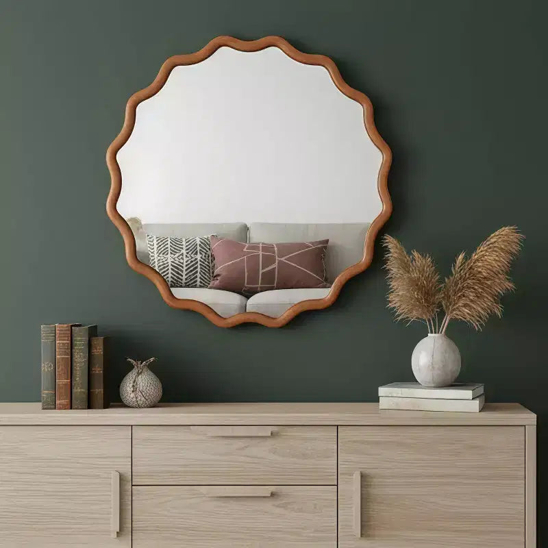 Miroir Mural Rond Ondulé en Bois Massif de Couleur Bois Naturel de 36 po pour Salle de Bain, Miroir Décoratif de Style Ferme en Bois pour la Maison