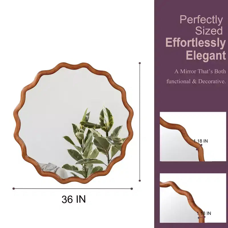 Miroir Mural Rond Ondulé en Bois Massif de Couleur Bois Naturel de 36 po pour Salle de Bain, Miroir Décoratif de Style Ferme en Bois pour la Maison