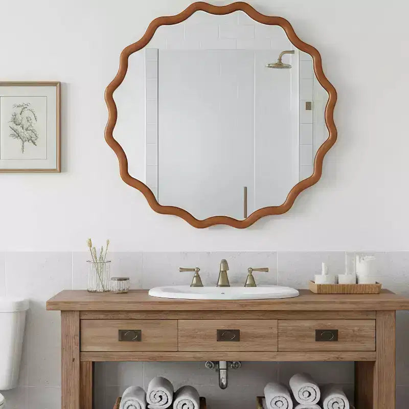 Miroir Mural Rond Ondulé en Bois Massif de Couleur Bois Naturel de 36 po pour Salle de Bain, Miroir Décoratif de Style Ferme en Bois pour la Maison