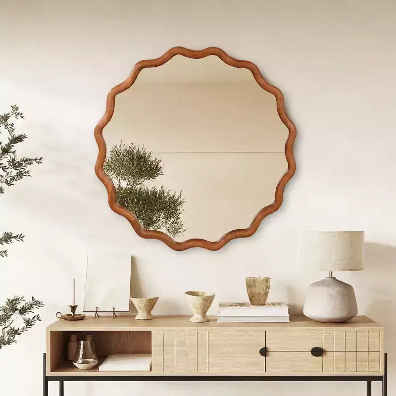 Miroir Mural Rond Ondulé en Bois Massif de Couleur Bois Naturel de 36 po pour Salle de Bain, Miroir Décoratif de Style Ferme en Bois pour la Maison