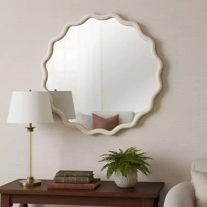Miroir Mural Rond Ondulé en Bois Massif de Couleur Bois Naturel de 36 po pour Salle de Bain, Miroir Décoratif de Style Ferme en Bois pour la Maison