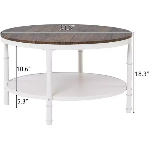 Table basse ronde de ferme de 31,5 po en noyer foncé et blanc, table d'appoint de salon circulaire en bois à 2 niveaux de rangement
