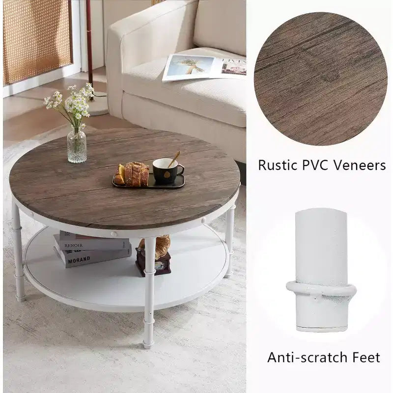 Table basse ronde de ferme de 31,5 po en noyer foncé et blanc, table d'appoint de salon circulaire en bois à 2 niveaux de rangement