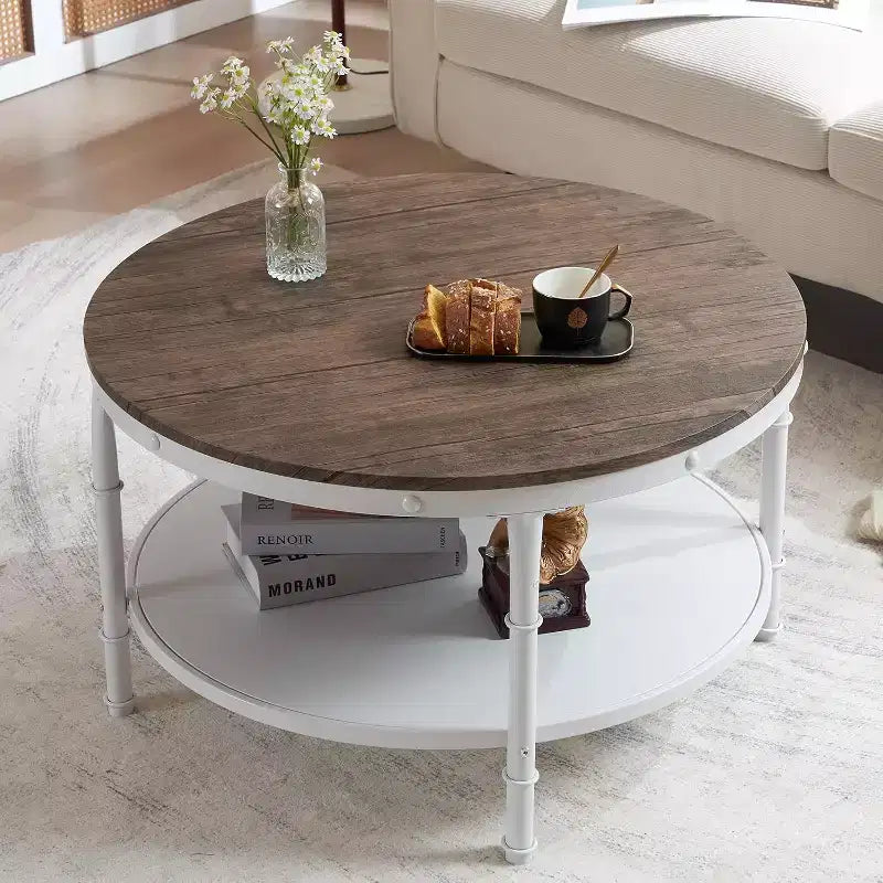 Table basse ronde de ferme de 31,5 po en noyer foncé et blanc, table d'appoint de salon circulaire en bois à 2 niveaux de rangement