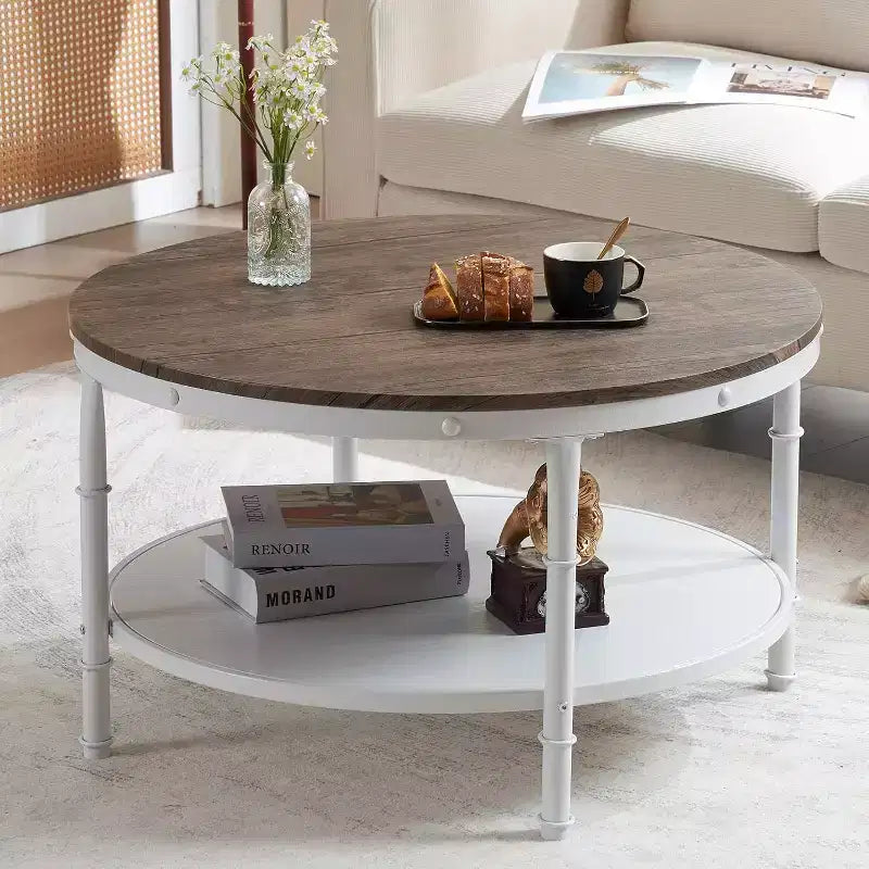 Table basse ronde de ferme de 31,5 po en noyer foncé et blanc, table d'appoint de salon circulaire en bois à 2 niveaux de rangement