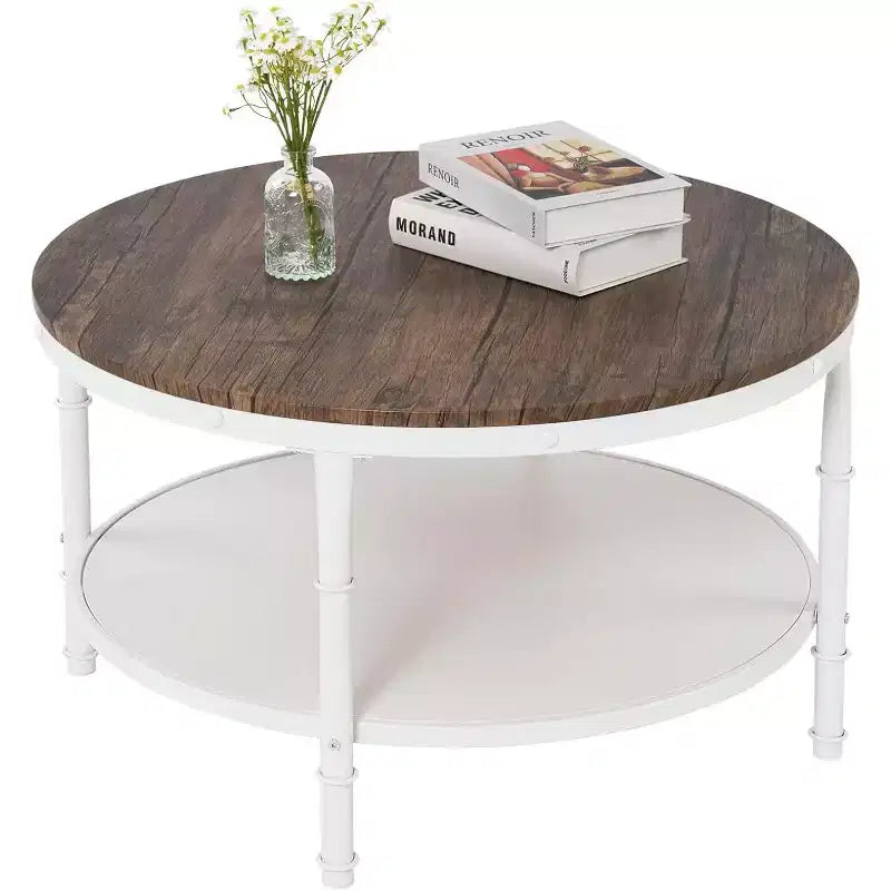 Table basse ronde de ferme de 31,5 po en noyer foncé et blanc, table d'appoint de salon circulaire en bois à 2 niveaux de rangement