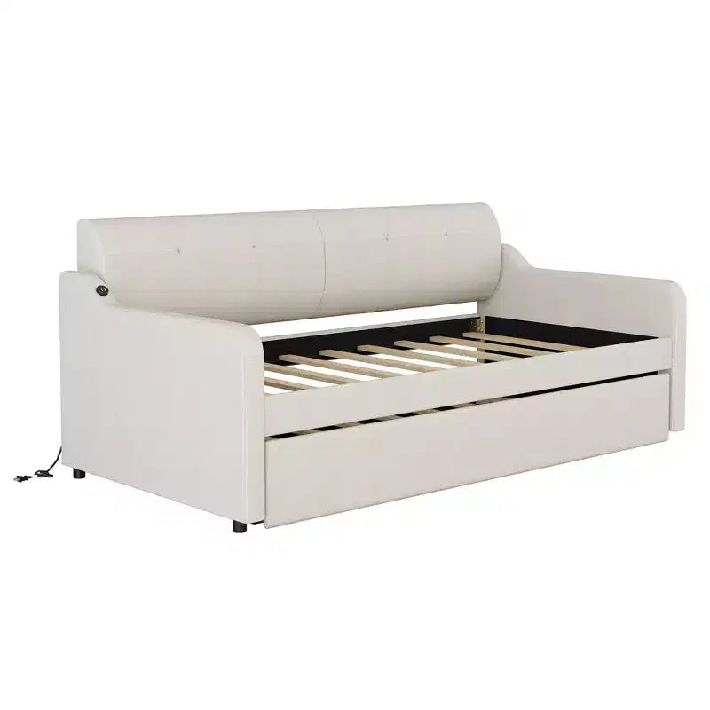 Lit de repos rembourré de taille double avec lit gigogne et port de chargement USB, le lit gigogne pouvant être plat ou relevé