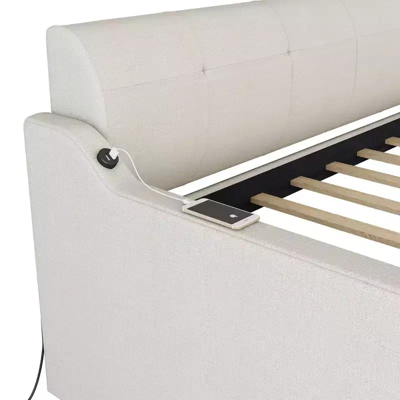Lit de repos rembourré de taille double avec lit gigogne et port de chargement USB, le lit gigogne pouvant être plat ou relevé