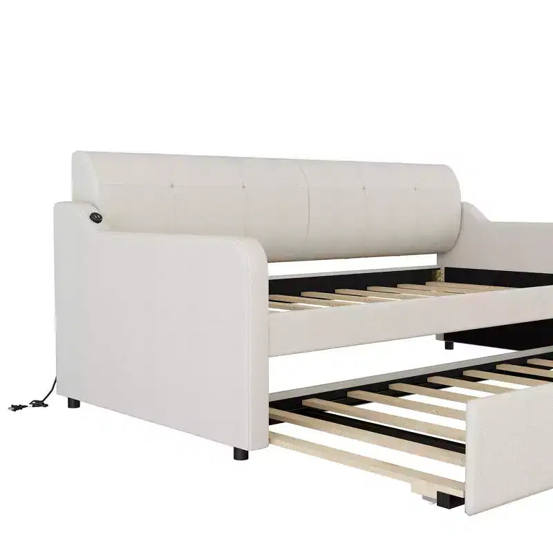 Lit de repos rembourré de taille double avec lit gigogne et port de chargement USB, le lit gigogne pouvant être plat ou relevé