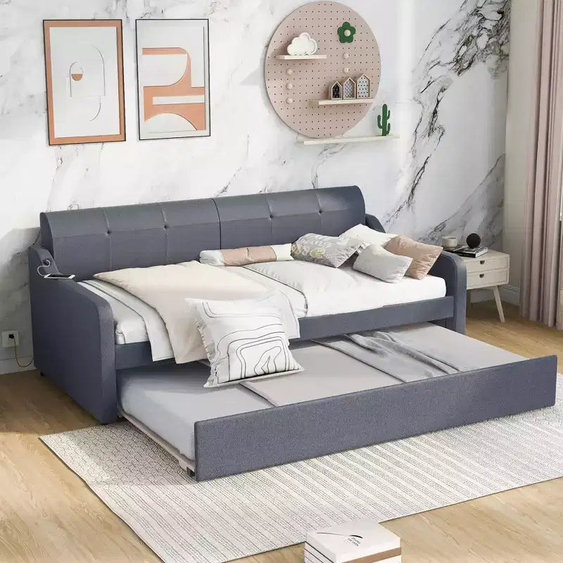 Lit de repos rembourré de taille double avec lit gigogne et port de chargement USB, le lit gigogne pouvant être plat ou relevé