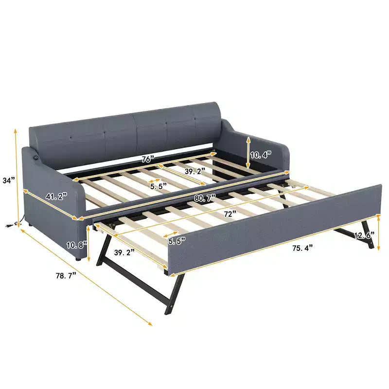 Lit de repos rembourré de taille double avec lit gigogne et port de chargement USB, le lit gigogne pouvant être plat ou relevé