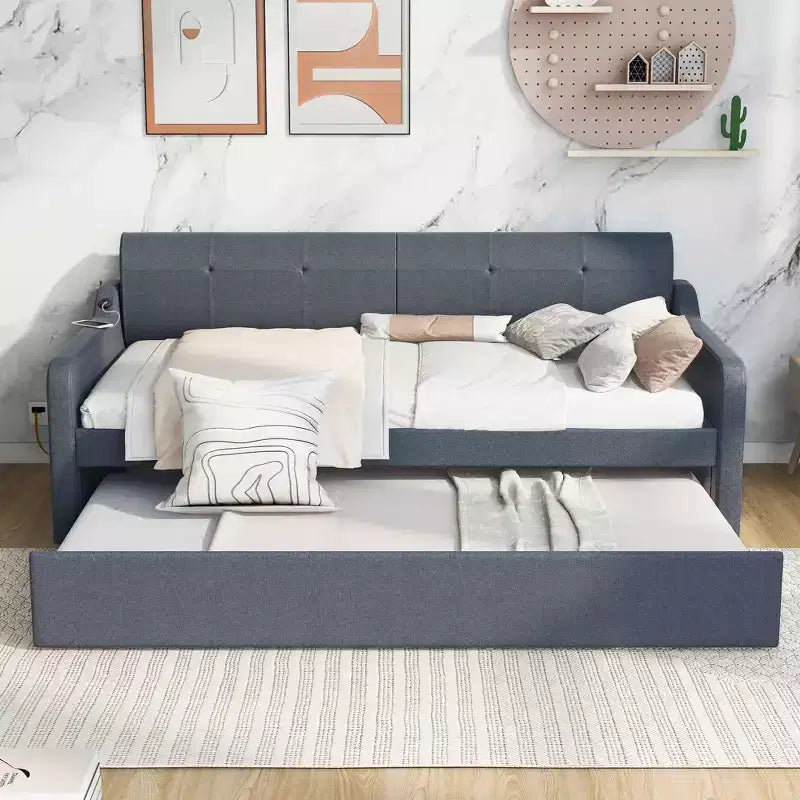Lit de repos rembourré de taille double avec lit gigogne et port de chargement USB, le lit gigogne pouvant être plat ou relevé