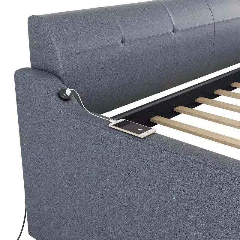 Lit de repos rembourré de taille double avec lit gigogne et port de chargement USB, le lit gigogne pouvant être plat ou relevé