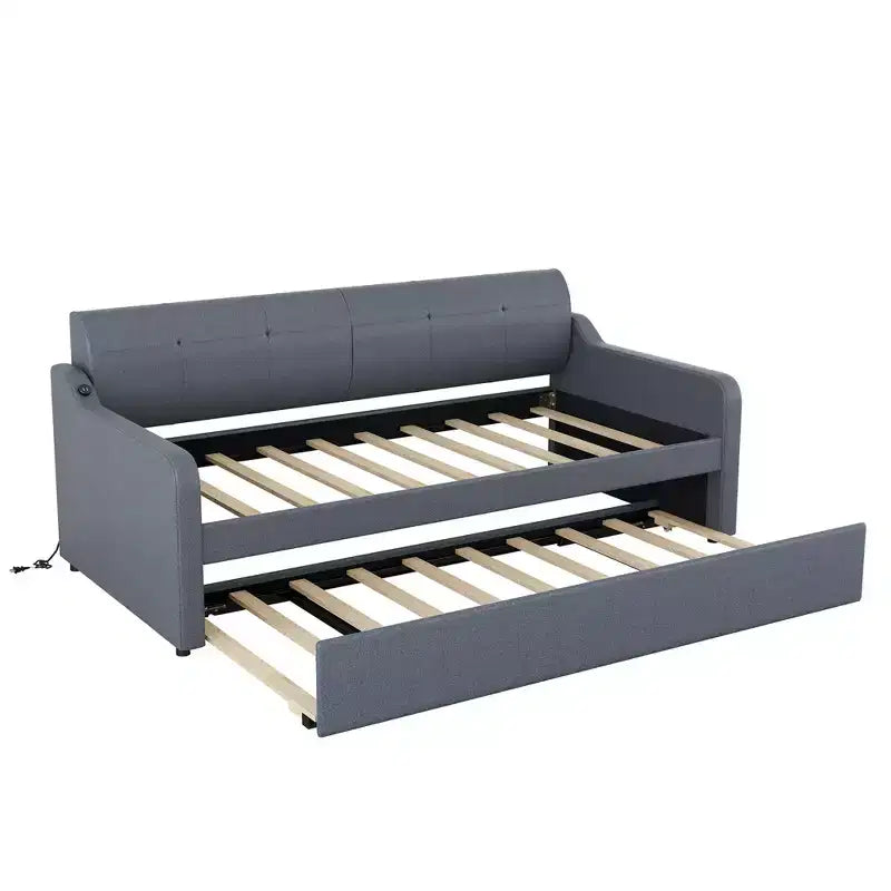Lit de repos rembourré de taille double avec lit gigogne et port de chargement USB, le lit gigogne pouvant être plat ou relevé