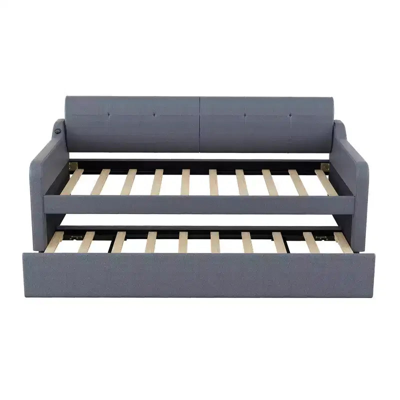 Lit de repos rembourré de taille double avec lit gigogne et port de chargement USB, le lit gigogne pouvant être plat ou relevé