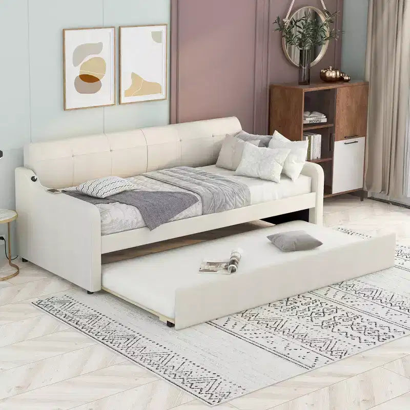 Lit de repos rembourré de taille double avec lit gigogne et port de chargement USB, le lit gigogne pouvant être plat ou relevé