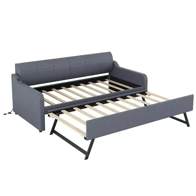 Lit de repos rembourré de taille double avec lit gigogne et port de chargement USB, le lit gigogne pouvant être plat ou relevé