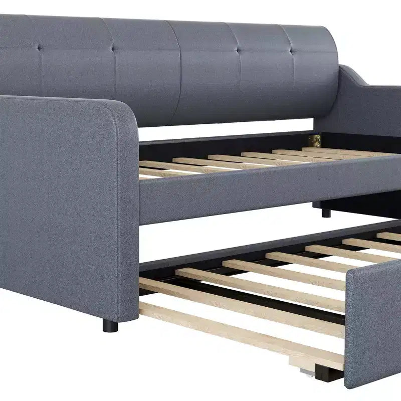 Lit de repos rembourré de taille double avec lit gigogne et port de chargement USB, le lit gigogne pouvant être plat ou relevé