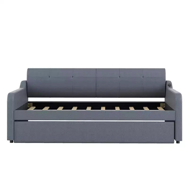 Lit de repos rembourré de taille double avec lit gigogne et port de chargement USB, le lit gigogne pouvant être plat ou relevé