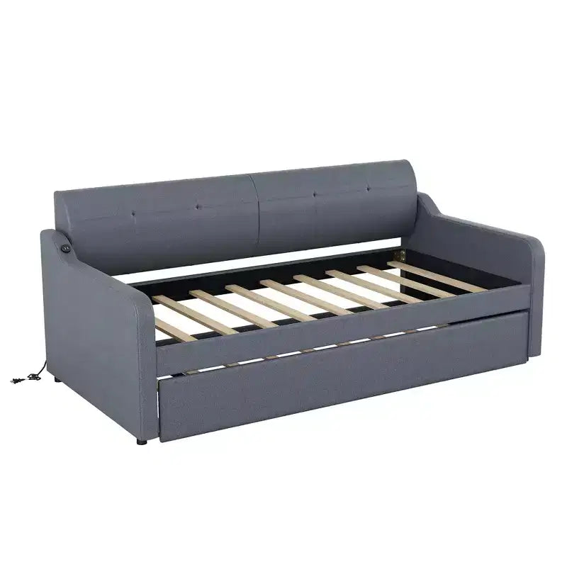 Lit de repos rembourré de taille double avec lit gigogne et port de chargement USB, le lit gigogne pouvant être plat ou relevé