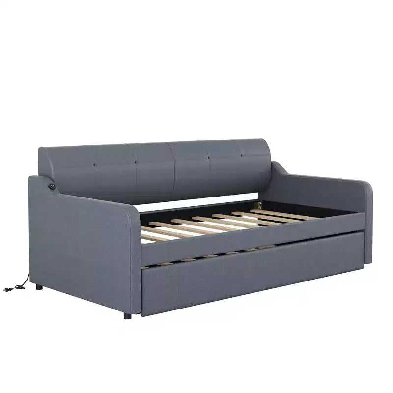 Lit de repos rembourré de taille double avec lit gigogne et port de chargement USB, le lit gigogne pouvant être plat ou relevé