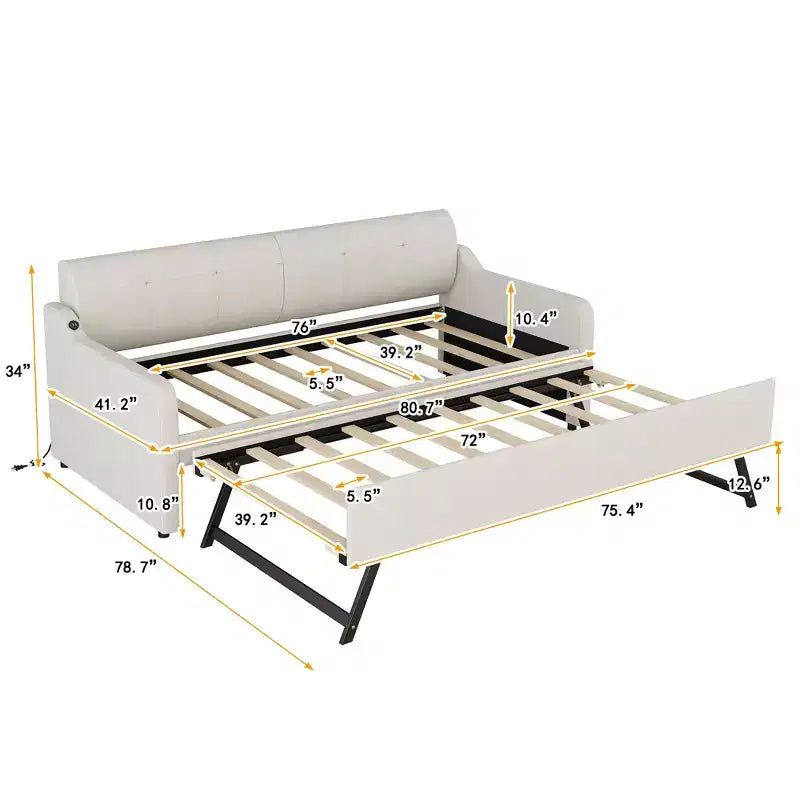 Lit de repos rembourré de taille double avec lit gigogne et port de chargement USB, le lit gigogne pouvant être plat ou relevé