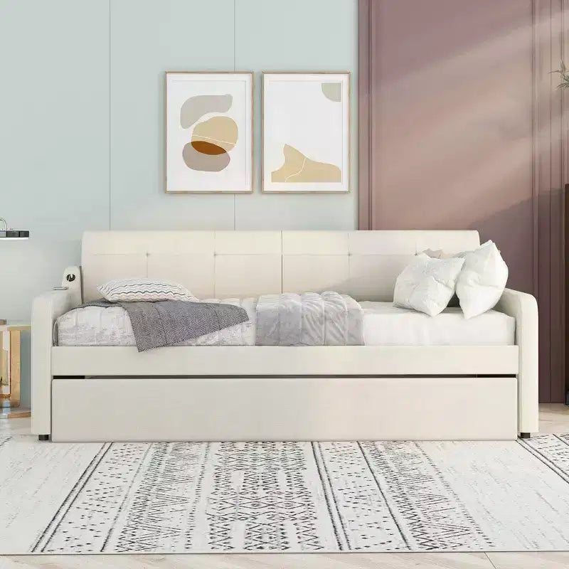Lit de repos rembourré de taille double avec lit gigogne et port de chargement USB, le lit gigogne pouvant être plat ou relevé