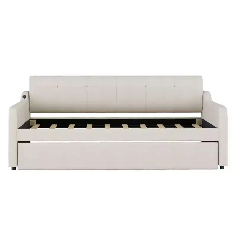 Lit de repos rembourré de taille double avec lit gigogne et port de chargement USB, le lit gigogne pouvant être plat ou relevé
