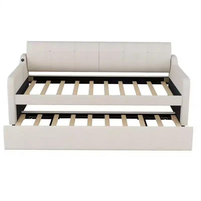 Lit de repos rembourré de taille double avec lit gigogne et port de chargement USB, le lit gigogne pouvant être plat ou relevé