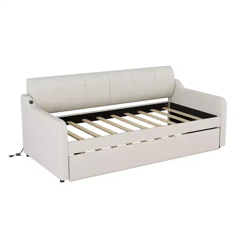 Lit de repos rembourré de taille double avec lit gigogne et port de chargement USB, le lit gigogne pouvant être plat ou relevé