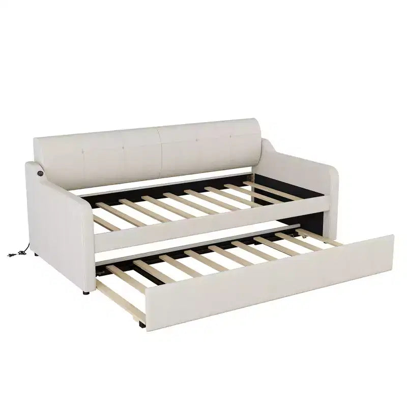 Lit de repos rembourré de taille double avec lit gigogne et port de chargement USB, le lit gigogne pouvant être plat ou relevé