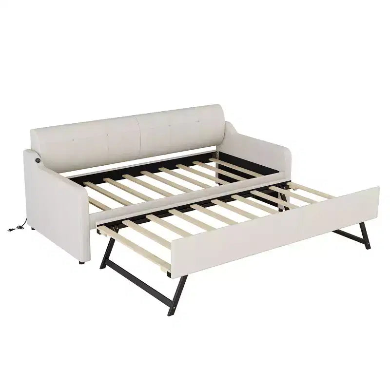 Lit de repos rembourré de taille double avec lit gigogne et port de chargement USB, le lit gigogne pouvant être plat ou relevé