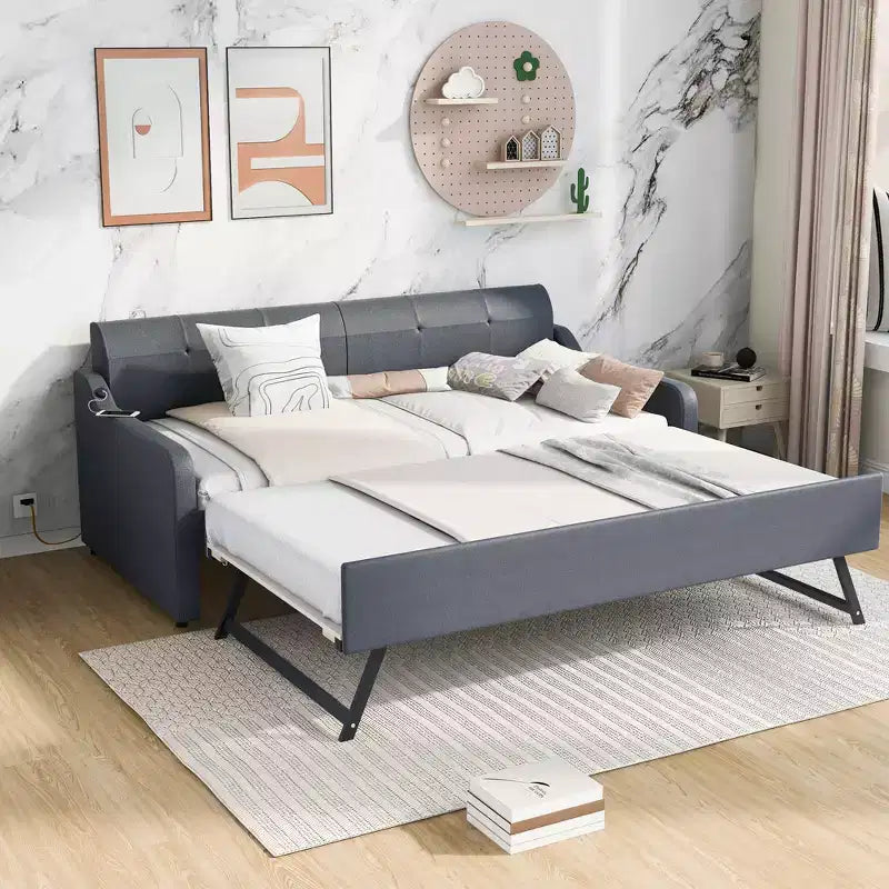 Lit de repos rembourré de taille double avec lit gigogne et port de chargement USB, le lit gigogne pouvant être plat ou relevé