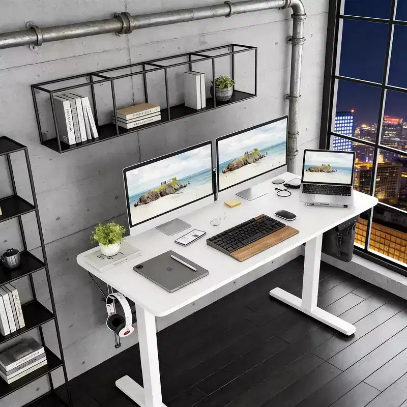 Bureau Debout Électrique Rectangulaire de 40 x 24 pouces, Hauteur Réglable, Bureau Assis-Debout pour la Maison ou le Bureau avec Plateau en Deux Parties, Blanc