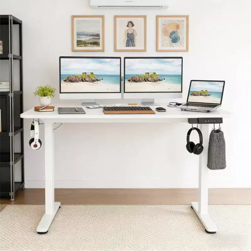Bureau Debout Électrique Rectangulaire de 40 x 24 pouces, Hauteur Réglable, Bureau Assis-Debout pour la Maison ou le Bureau avec Plateau en Deux Parties, Blanc