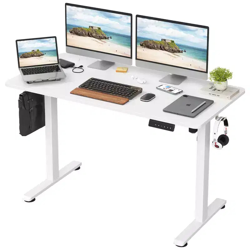 Bureau Debout Électrique Rectangulaire de 40 x 24 pouces, Hauteur Réglable, Bureau Assis-Debout pour la Maison ou le Bureau avec Plateau en Deux Parties, Blanc