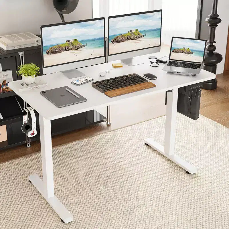 Bureau Debout Électrique Rectangulaire de 40 x 24 pouces, Hauteur Réglable, Bureau Assis-Debout pour la Maison ou le Bureau avec Plateau en Deux Parties, Blanc