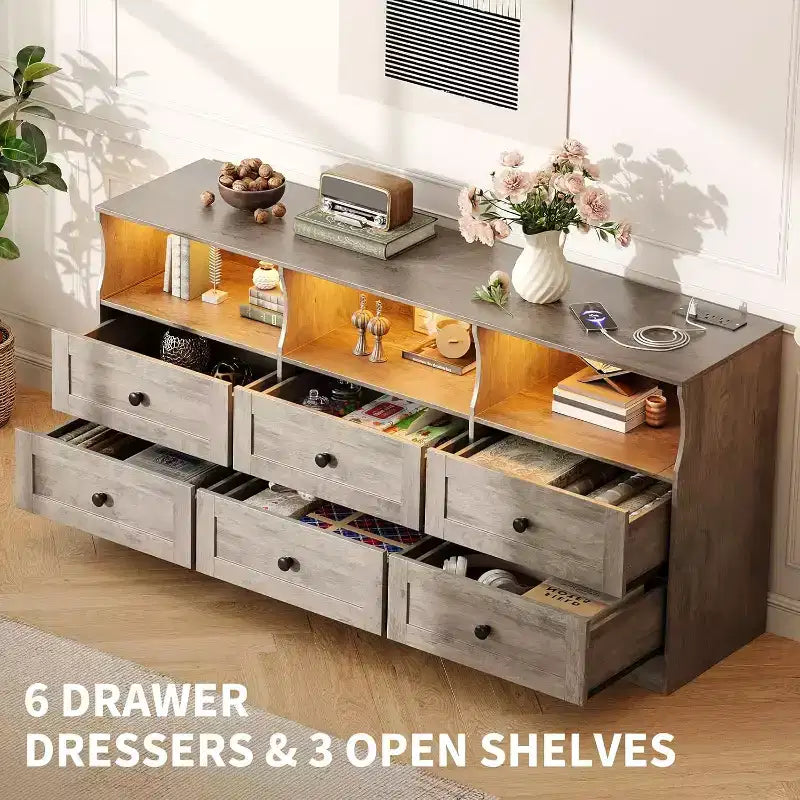 Commode étroite à 6 tiroirs avec étagère ouverte, petite commode peu encombrante pour chambre d'enfant, appartement, placard, meuble de rangement moderne, montage facile